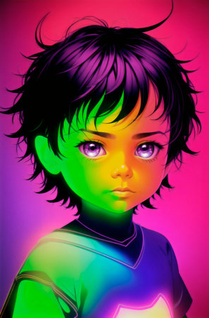 Portrait of a girl in neon light. 3d illustration.の素材