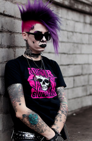 Tattooed punk girl with purple hair and a skull on her headの素材