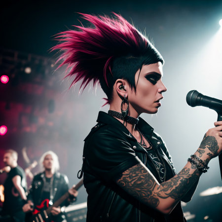 Portrait of a punk rock band performing on stage. music concept.の素材