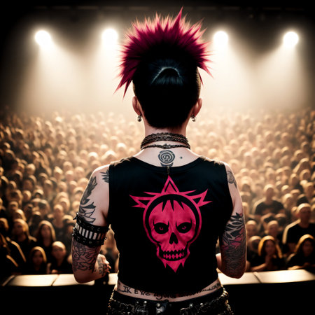 Portrait of a tattooed punk girl in front of a crowdの素材