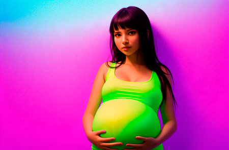 Pregnant woman in green and pink neon light. studio shot.の素材