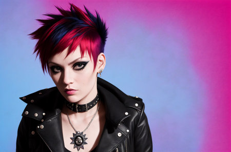 Closeup portrait of punk girl with colorful hair and biker jacketの素材