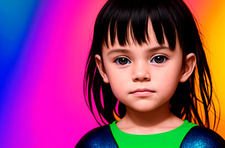 Portrait of a cute little girl on a multicolored background.の素材
