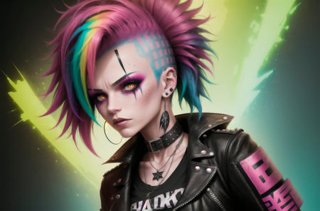 Portrait of a punk girl with colorful make-up and hairstyleの素材