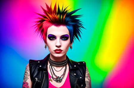Portrait of a punk girl with bright make-up and colorful hair.の素材