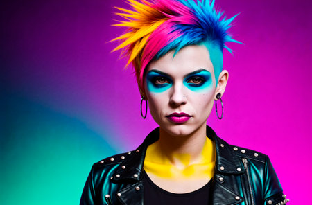 Portrait of a punk girl with bright make up and colorful hairの素材