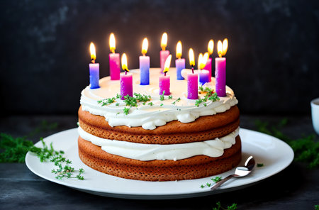 cake. Birthday cake with lit candles. Generative AIの素材