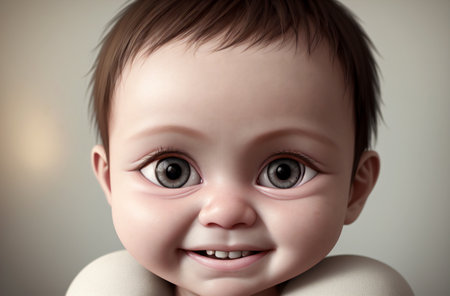 Charming baby with beautiful big eyes. Portrait of cute positive kid. Generative AIの素材