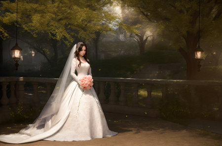 Bride in city park. Young beautiful woman in wedding dress. Generative AIの素材