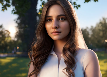 Bride in city park. Young beautiful woman in wedding dress. Generative AIの素材