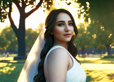 Bride in city park. Young beautiful woman in wedding dress. Generative AIの素材