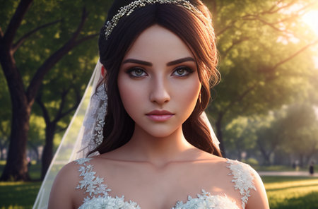 Bride in city park. Young beautiful woman in wedding dress. Generative AIの素材