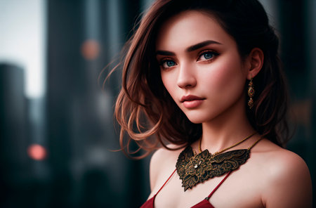 Beautiful woman. Portrait of an elegant lady with expressive eyes indoors. Generative AIの素材