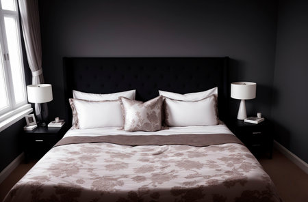 Modern interior of bedroom. Large bed with pillows and blanket. Generative AIの素材