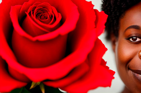 Beautiful african american in roses. Portrait of pretty black woman with composition of red roses. Generative AIの素材