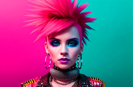 Young woman with bright appearance. Portrait of fashionable female with vivid image, style.の素材