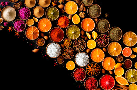 dry seasonings. Top view of various conditions. Generative AIの素材