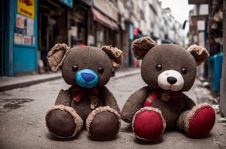 Old and battered soft toys lie on the street. The dump of the abandoned toysの素材