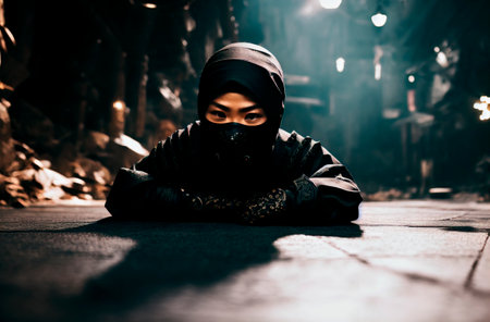 a male ninja with a black mask on his face covering his face. Generative AIの素材