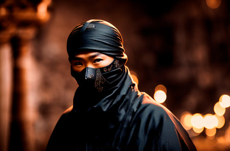 a male ninja with a black mask on his face covering his face. Generative AIの素材