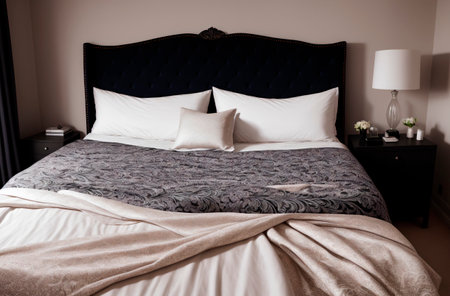 Modern interior of bedroom. Large bed with pillows and blanket. Generative AIの素材