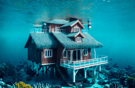 Sunken house under water. Abandoned building at bottom of ocean, sea. Generative AIの素材