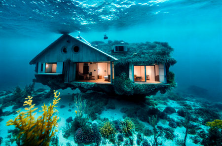 house under water. Residential building at bottom of ocean, sea. Generative AIの素材