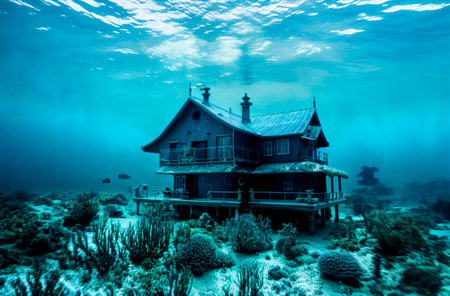 Sunken house under water. Abandoned building at bottom of ocean, sea. Generative AIの素材