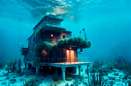 house under water. Residential building at bottom of ocean, sea. Generative AIの素材