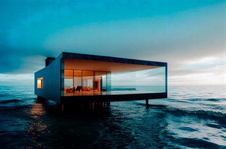 house on water. Secluded residential building in ocean, sea. Generative AIの素材