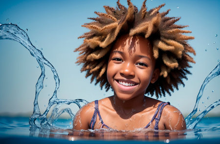 Portrait of a cute african american girl in swimming poolの素材