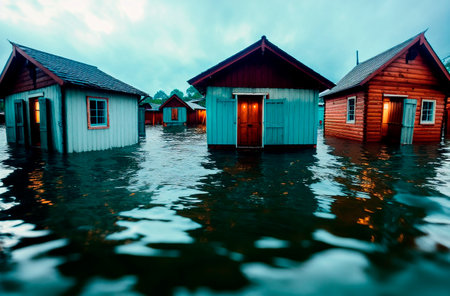Wooden houses on stilts in the middle of the water.の素材
