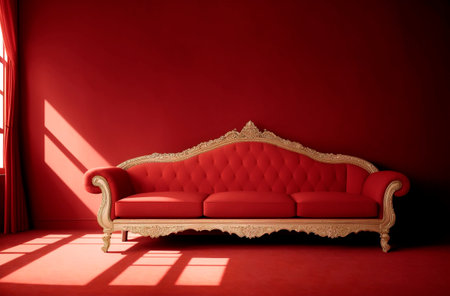 Red interior with a red sofa and window with sunlight. 3d renderingの素材