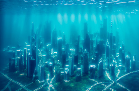 Futuristic city in the deep blue sea. 3d renderingの素材