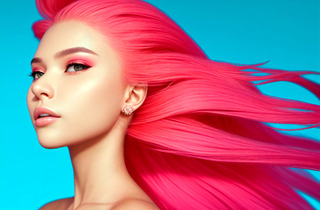Portrait of a beautiful young woman with pink hair on a blue background.の素材