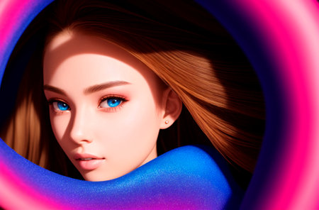 Portrait of a beautiful girl with bright makeup in a circle.の素材