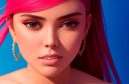 Close-up portrait of a beautiful girl with pink hair on blue backgroundの素材