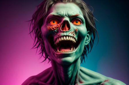 creepy zombie. Portrait of ugly screaming monster on bright background. Generative AIの素材