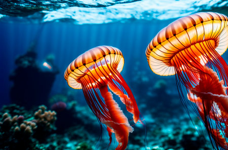 orange jellyfish swimming in the blue water of the oceanの素材