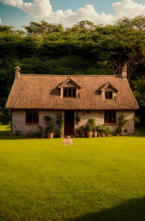 house in nature. Suburban dwelling in sunny cloudy weather. Generative AIの素材