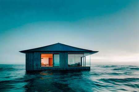 house on water. Secluded residential building in ocean, sea. Generative AIの素材