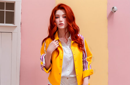 Young woman with red hair in jacket. Portrait of beautiful female with bright image. Generative AIの素材