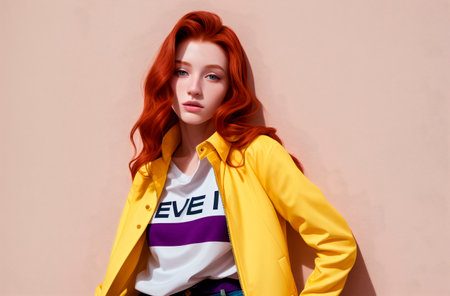 Young woman with red hair in jacket. Portrait of beautiful female with bright image. Generative AIの素材