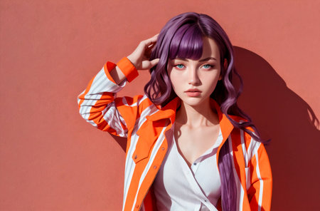 Young woman with purple hair in jacket. Portrait of beautiful female with bright image. Generative AIの素材