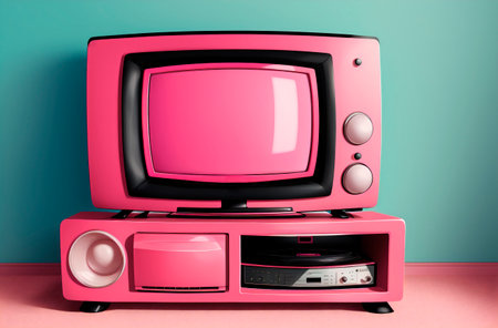 Small pink retro TV. Ancient bright television in room. Generative AIの素材