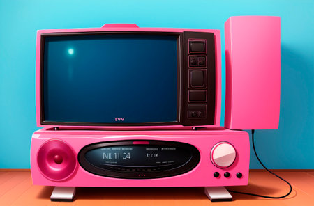 Small pink retro TV. Ancient bright television in room. Generative AIの素材