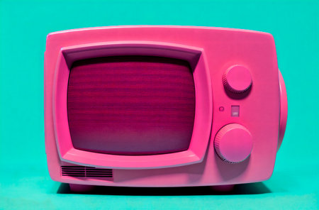 Small pink retro TV. Ancient bright television in room. Generative AIの素材