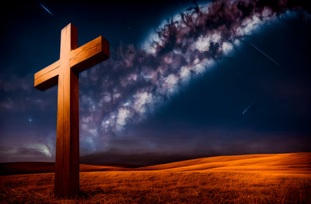 Christian cross on background of starry sky. Christian cross at night with stars in the sky. Generative AIの素材