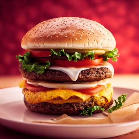 Big harmful burger. close up. Appetizing burger with variety of fillings. Generative AIの素材