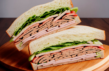 Sandwich. Appetizing multi-layered sandwich with variety of fillings. Generative AIの素材